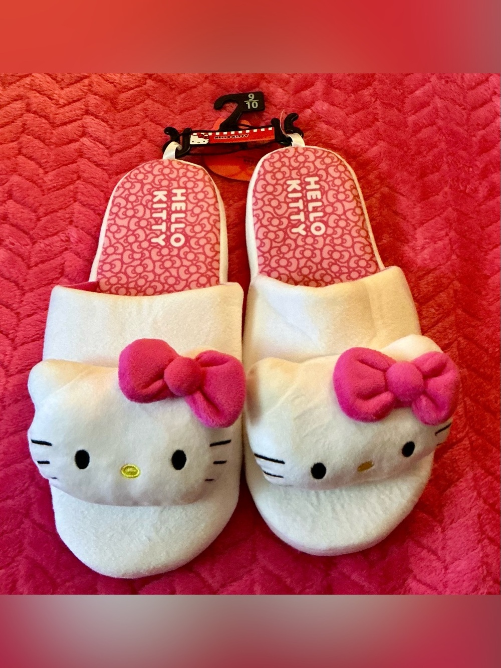 Hello Kitty White Plush Slippers with Hot Pink Bows